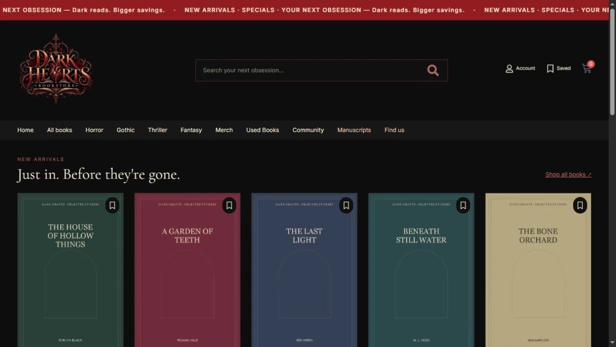 Dark Hearts Bookstore homepage with dark styling, genre navigation, search and new book arrivals, designed by Crovio Digital