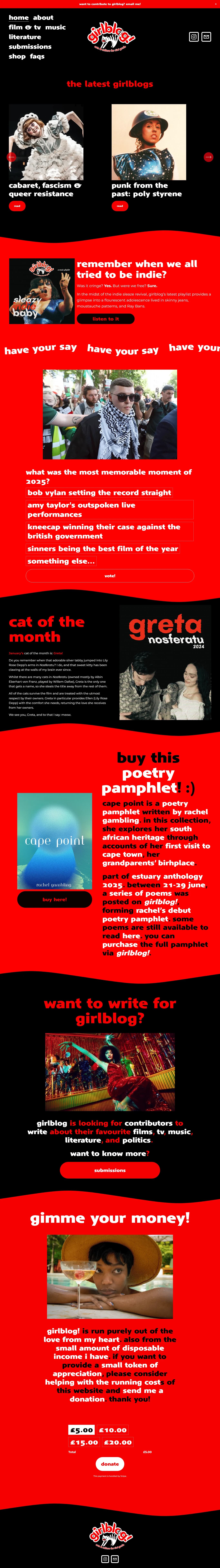 Red and black editorial website with article cards and bold typography