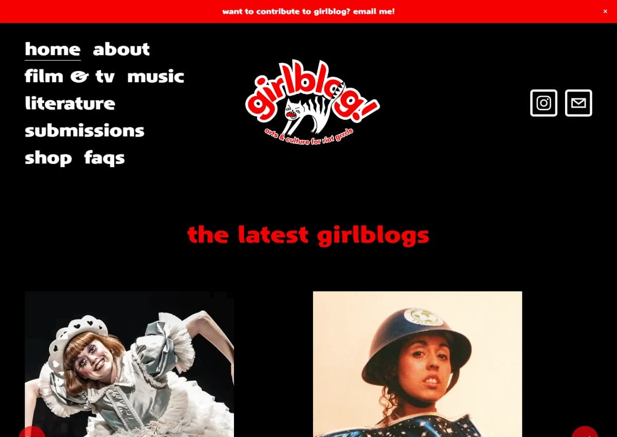 Red and black editorial website with article cards and bold typography