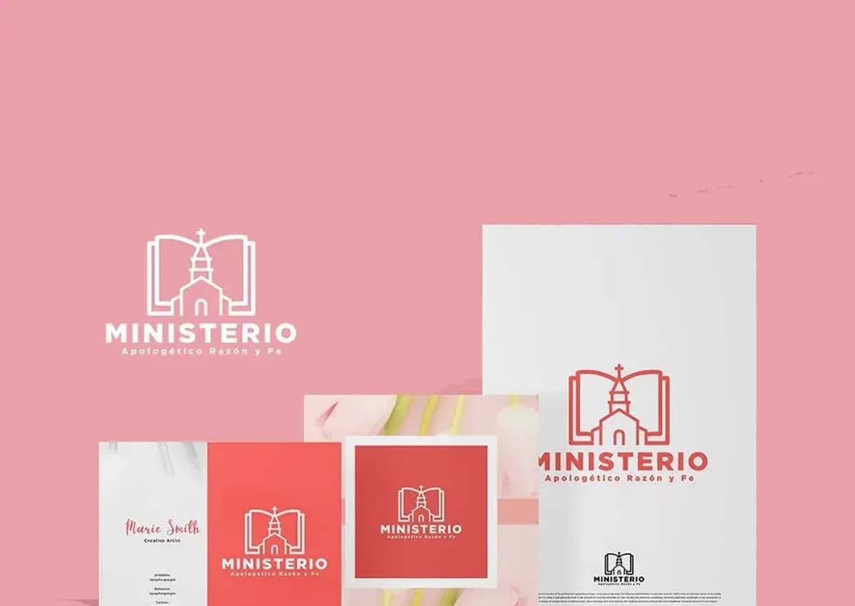 Coordinated logo, business card, and stationery identity in coral and white
