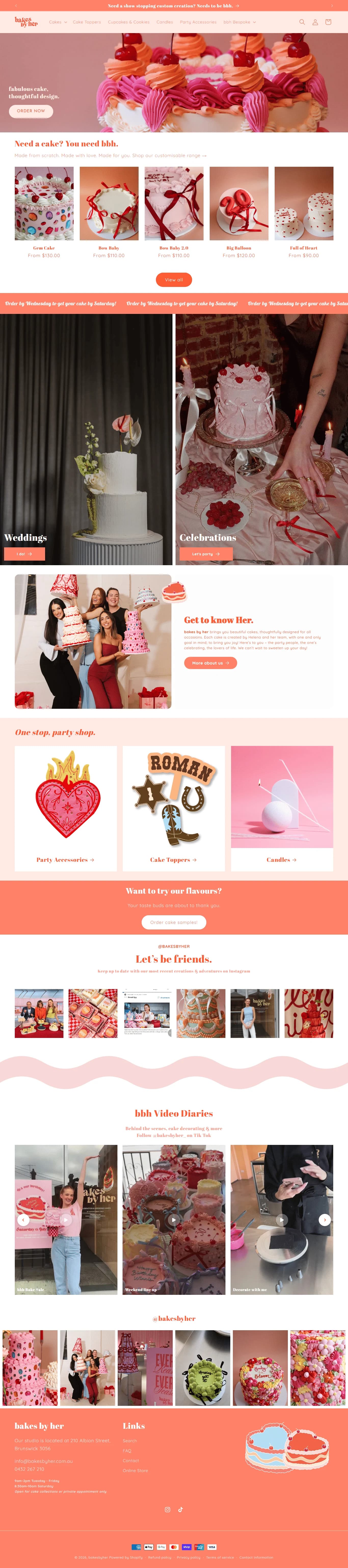 Bakery storefront with colorful cakes, product collections, and clear shopping links