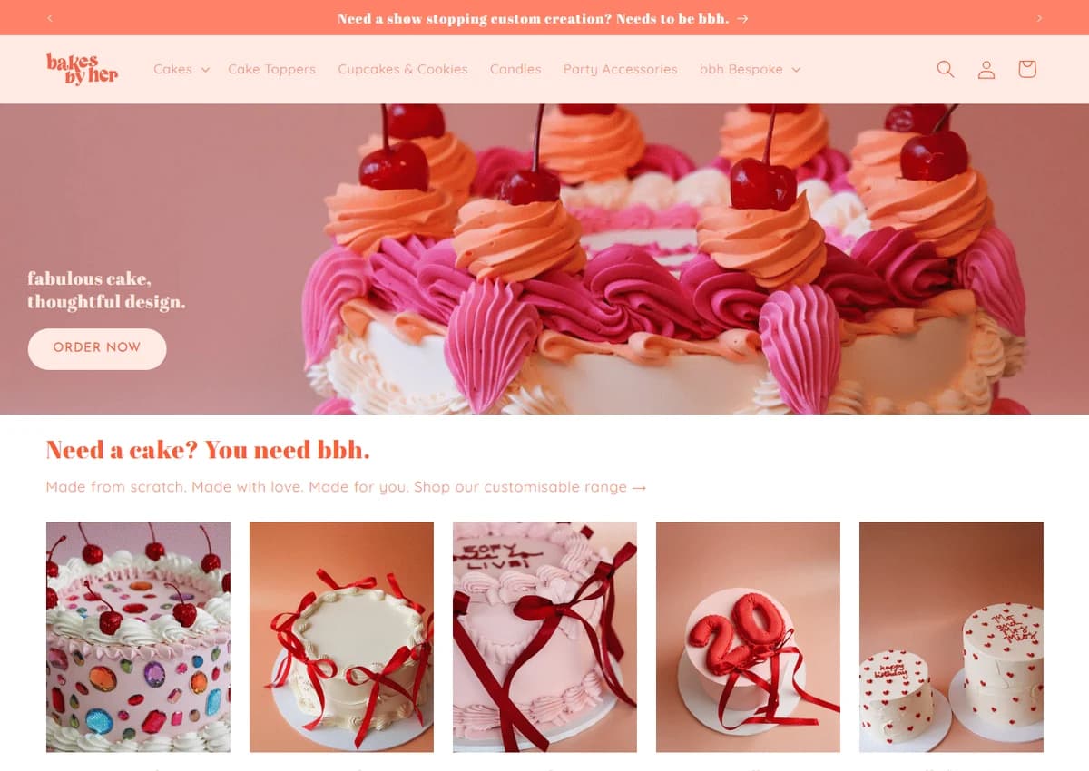 Bakery storefront with colorful cakes, product collections, and clear shopping links