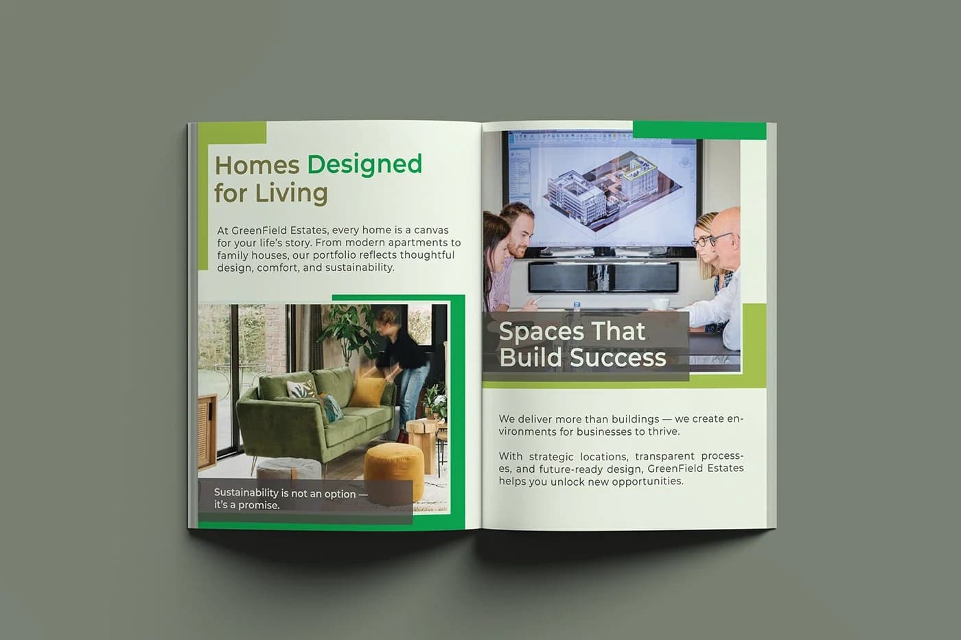 Interior layout spread displaying "Homes Designed for Living" and modern commercial workspace showcases.
