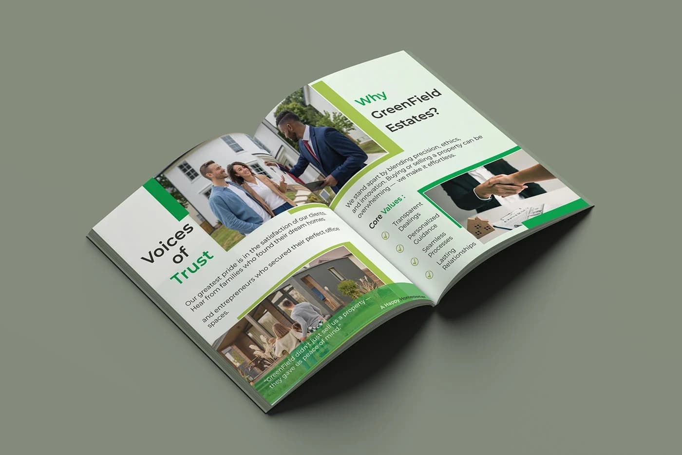 Dynamic angled view of the publication inner pages featuring community visuals, client engagement, and editorial articles.