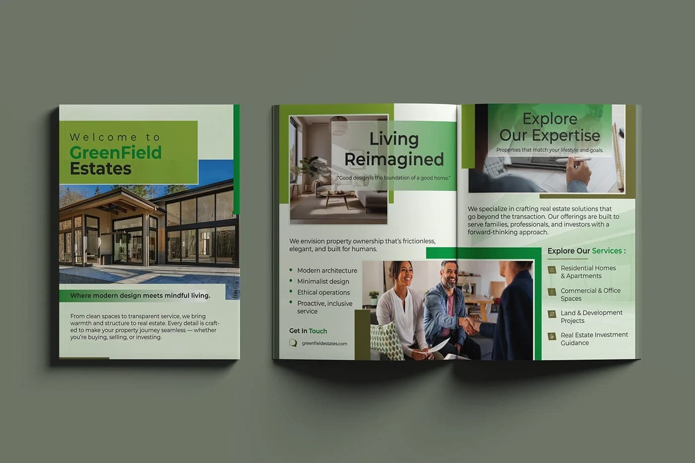 Greenfield Estates magazine cover design and introductory inner spread featuring architectural highlights and company overview.